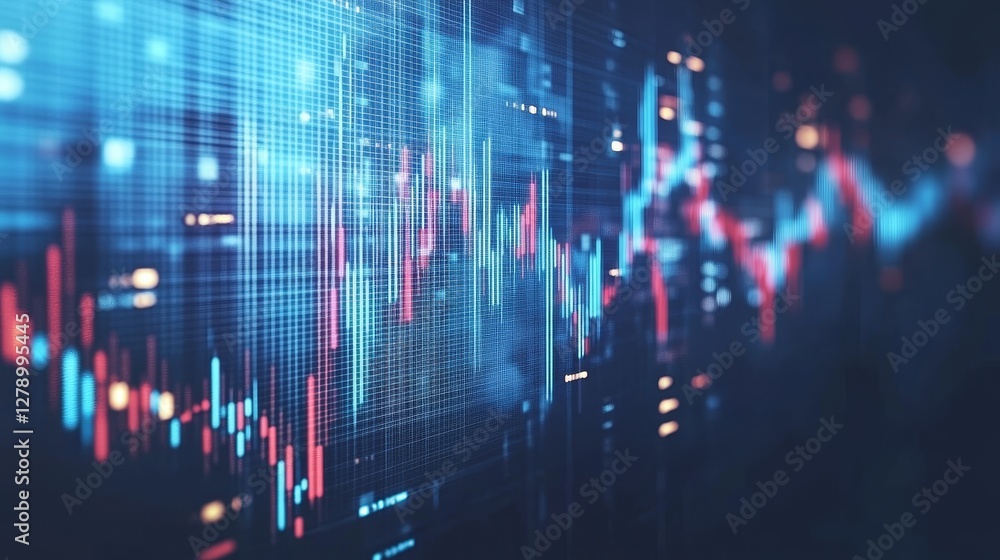Blue graph shows financial data. It's a digital concept for stock market trading. It shows investment and economic trends in business. The world map in the background has a futuristic technology look.