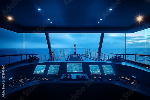Ship bridge, ocean view, night sailing, control panel