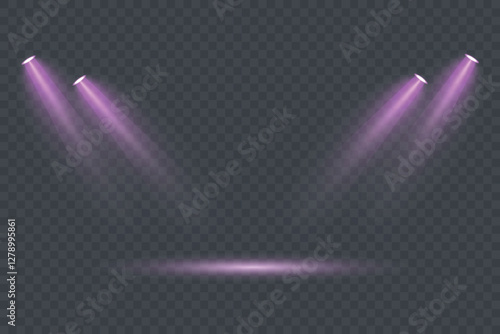 Set of colorful light spotlights isolated on black background. Vector glowing light effect with transparent rays.
