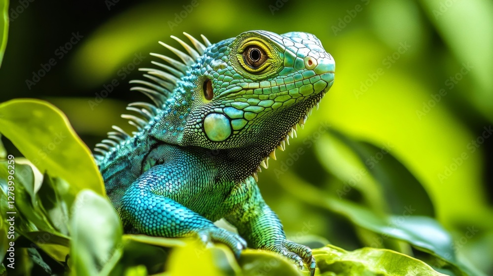 Fototapeta premium Vibrant Green And Blue Iguana Closeup Among Lush Tropical Foliage