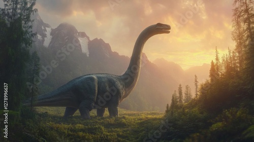 Fototapeta Naklejka Na Ścianę i Meble -  Majestic Sauropod Dinosaur at Sunset in Mountainous Landscape