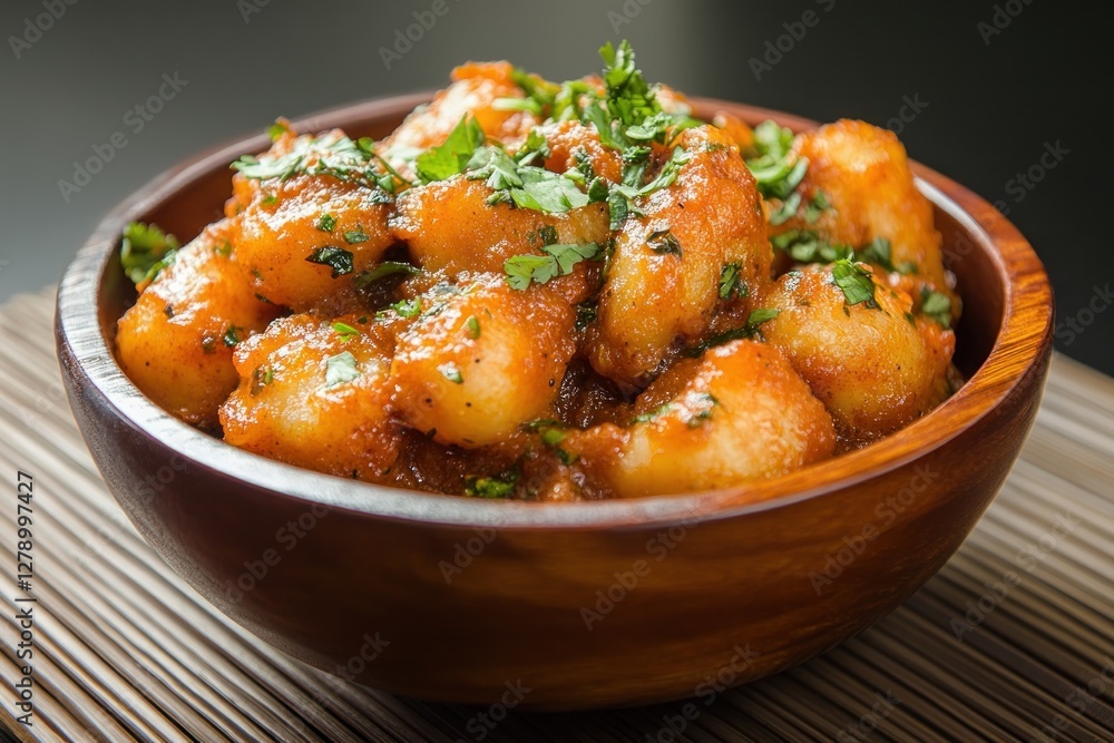Experience culinary bliss with this captivating image showcasing an authentic delicacy infused with bold, spicy flavors, served in a rustic wooden bowl A visual feast of traditional cuisine, this Experience culinary bliss with this captivating image showcasing an authentic delicacy infused with bold, spicy flavors, served in a rustic wooden bowl A visual feast of traditional cuisine, this