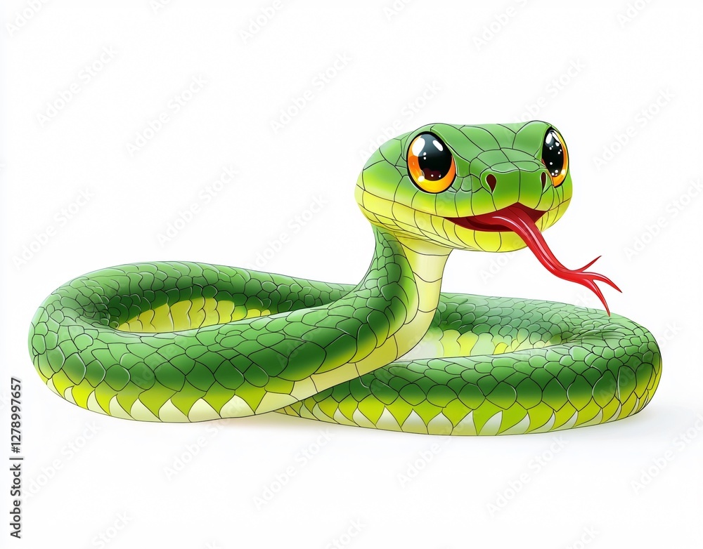 Fototapeta premium Cute cartoon snake illustration. Playful green serpent with a smile, perfect for children's books, educational materials, and friendly branding. Ample text space.