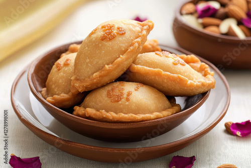 indian sweets karanji made from flour and khoya photo