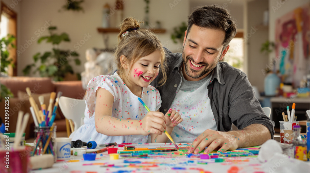 Obraz premium A father and his daughter joyfully paint together, covered in colorful splatters, sharing a fun and creative bonding moment.