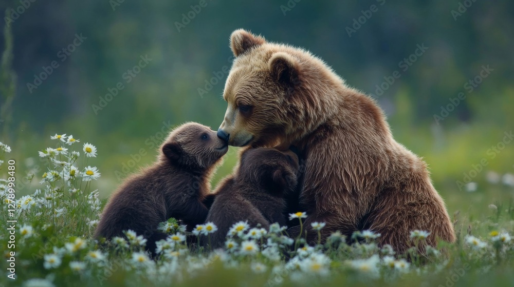Fototapeta premium Brown Bear and Cubs in Daisy Field