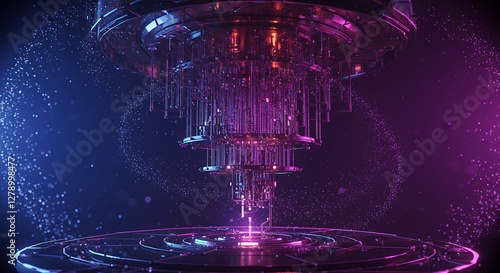 Quantum Computer Structure with Particles and Blue Purple Lighting