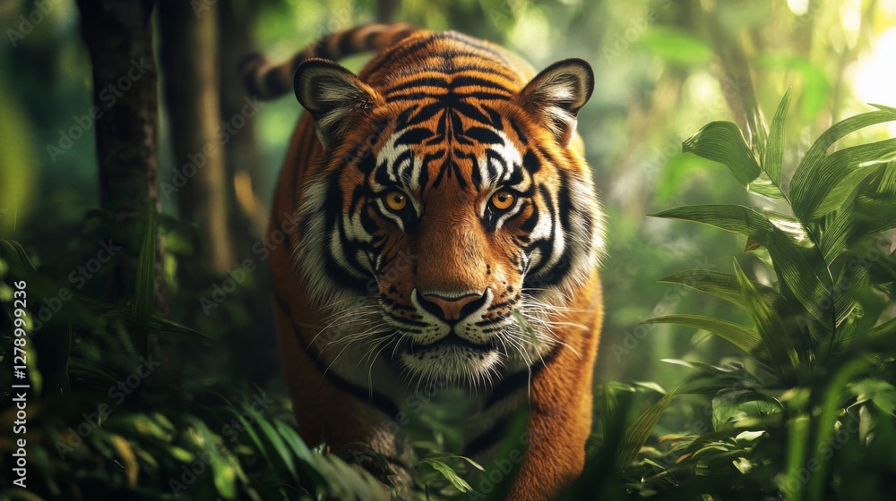 Fototapeta premium Closeup of a Tiger in a Lush Green Jungle