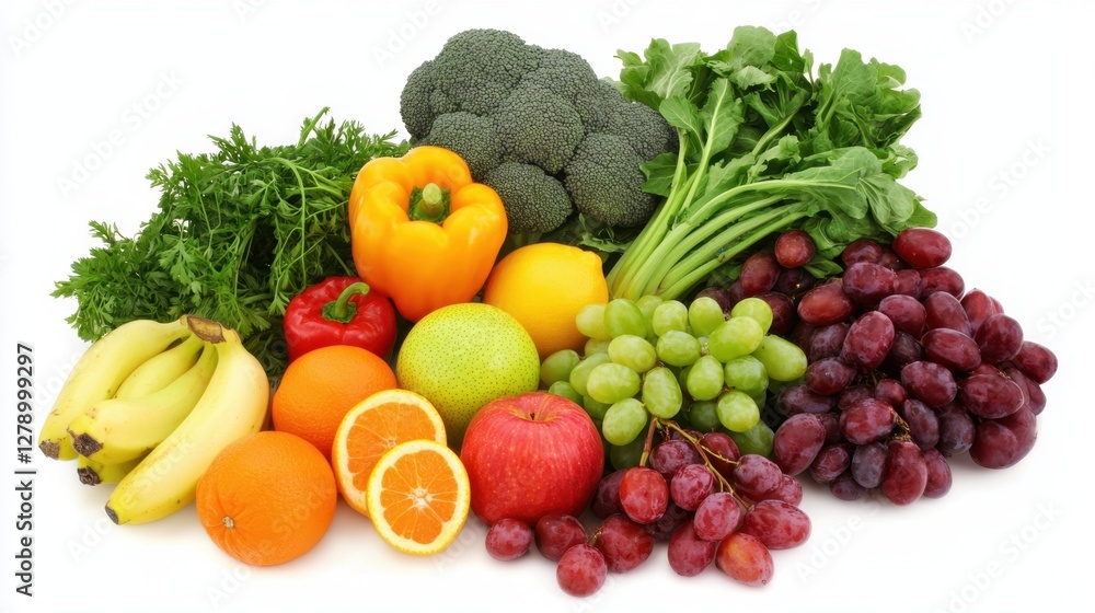 A colorful array of fresh fruits and vegetables on a clean white background, ideal for health and wellness campaigns.