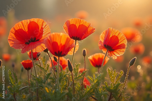 A beautiful field of red poppies with a single red flower in the foreground. Concept of tranquility and calmness, as the vibrant red flowers stand out against the lush green grass
