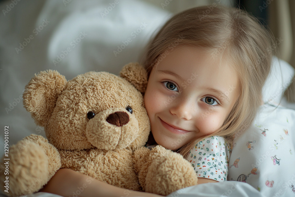 A little girl resting on a hospital bed until her check-up. The girl is in a happy mood with hugging Teddy. AI generated. A little girl resting on a hospital bed until her check-up. The girl is in a happy mood with hugging Teddy. AI generated.