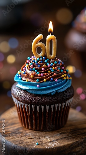 Sixty birthday cupcake, candlelit celebration