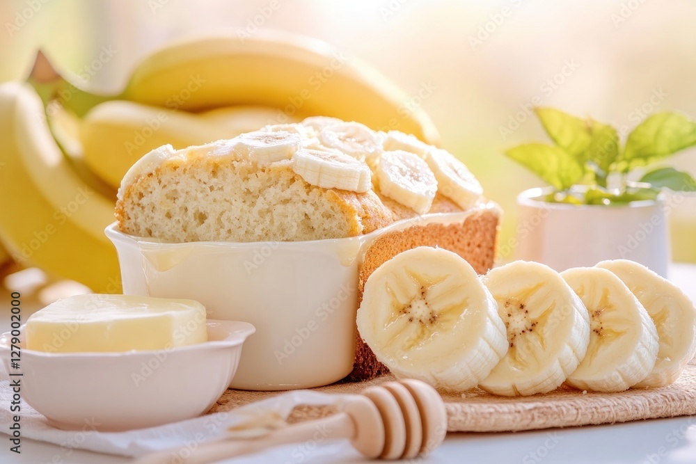 Fototapeta premium Indulge in the simple pleasure of A warm loaf of banana bread, sliced and ready to be enjoyed with butter and honey Homemade banana bread recipes bring comfort and joy, perfect for breakfast, brunch