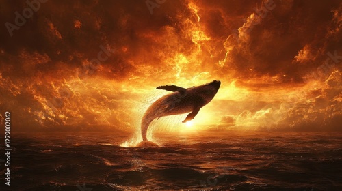 Wallpaper Mural Whale Leaps Through Fiery Sunset Sky Ocean Torontodigital.ca