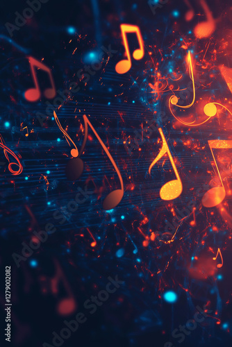 Colorful music notes, a musical treble clef vector illustration with colorful, glowing light effects on a dark background