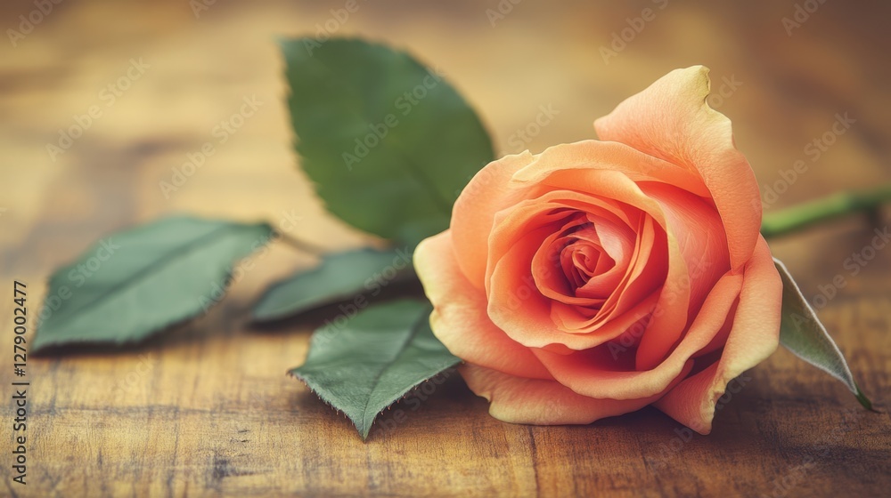 A single rose rests elegantly on a wooden table, accompanied by fresh green leaves, showcasing nature's beauty in a simple yet striking composition. A single rose rests elegantly on a wooden table, accompanied by fresh green leaves, showcasing nature's beauty in a simple yet striking composition.
