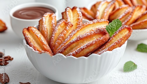 Indulge in the ultimate comfort food with a delectable plate of freshly fried churros coated in cinnamon sugar, served with warm chocolate sauce, a delightful culinary experience Savor the crispy