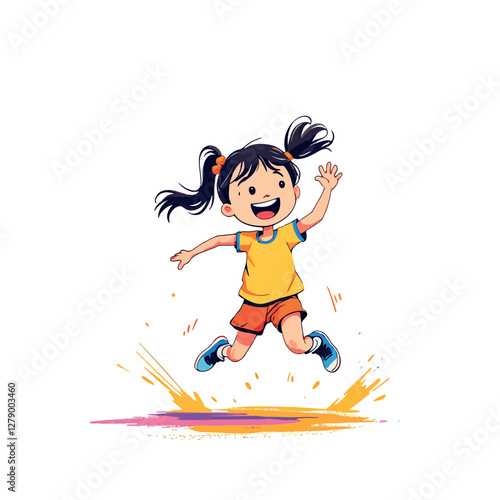 Happy girl jumping in a puddle and splashing water