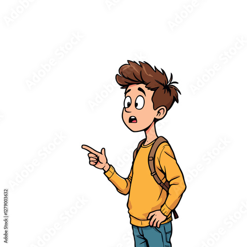 Surprised student pointing finger showing something interesting