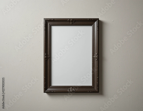 Mockup cuadro en blanco con un marcó marrón colgado en una pared