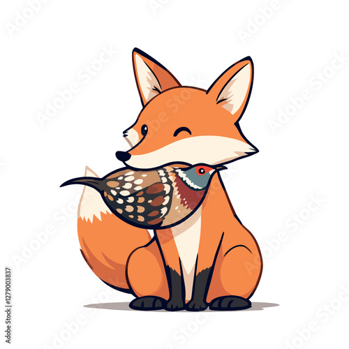Sly fox carrying a colorful bird in its mouth
