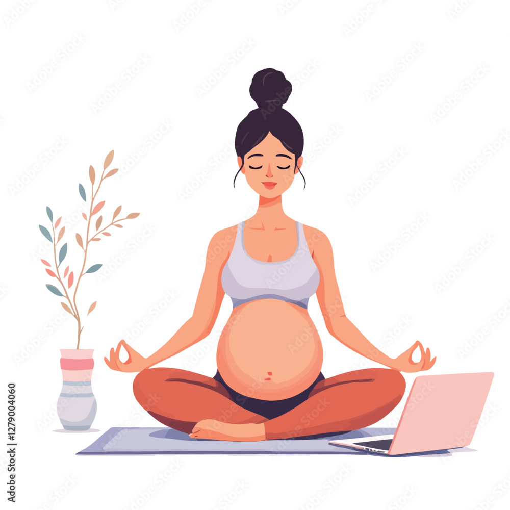 Pregnant woman practicing online prenatal yoga at home Pregnant woman practicing online prenatal yoga at home