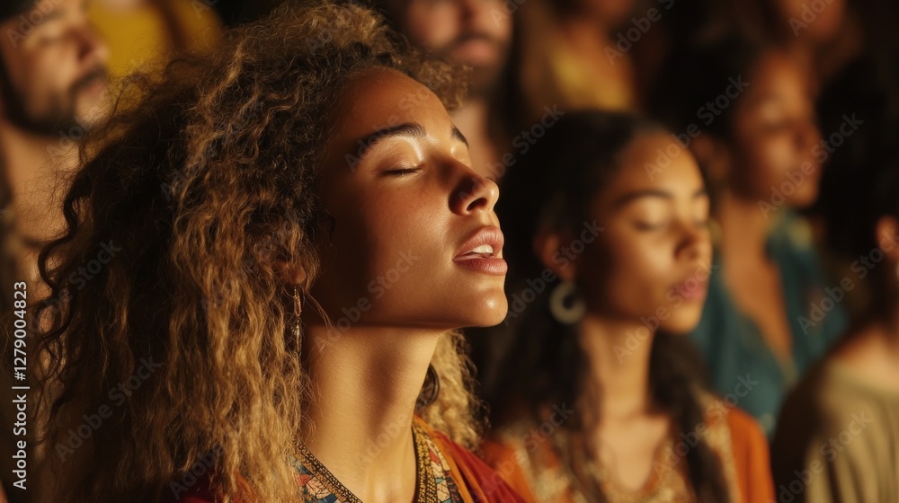 Group of people meditating in a serene environment, with soft lighting and focused expressions Group of people meditating in a serene environment, with soft lighting and focused expressions