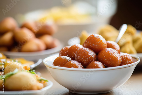 A bowl of gulab jamun on the table with other dishes, blurred background photo