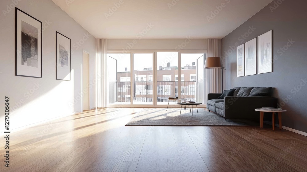 Obraz premium Natural light enhances the elegance of the empty hardwood-floored living room.