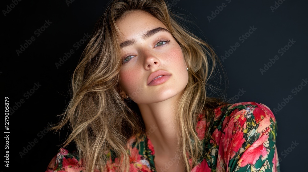 Fototapeta premium A stylish blond woman with long hair, adorned in a colorful floral shirt and elegant earrings, exudes confidence and charm.