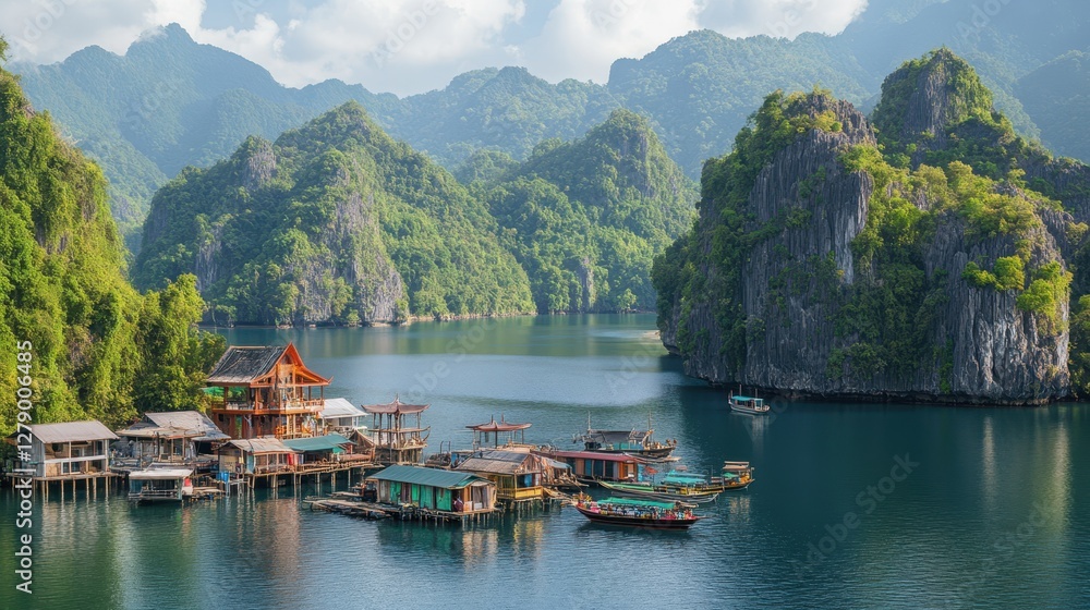 Fototapeta premium Scenic view of boats anchored on tranquil water beside a quaint mountain village, surrounded by lush greenery and serene landscapes.