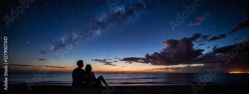 Couple enjoying a starry night by the beach, romantic ambiance