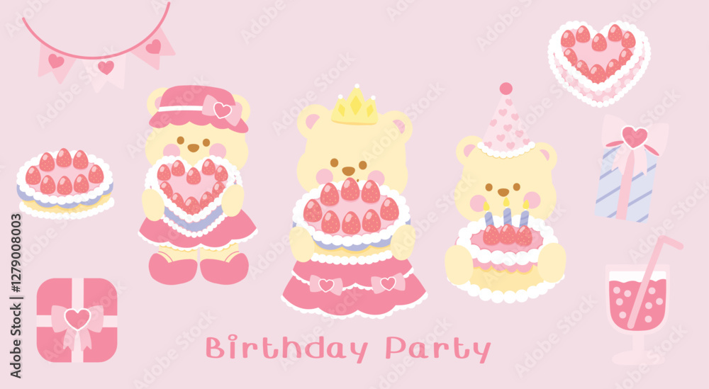 Adorable bears celebrate a pink strawberry cake birthday party. decorations and gifts, perfect for a cheerful and sweet design. Ideal for children's cards and party invitations. Adorable bears celebrate a pink strawberry cake birthday party. decorations and gifts, perfect for a cheerful and sweet design. Ideal for children's cards and party invitations.