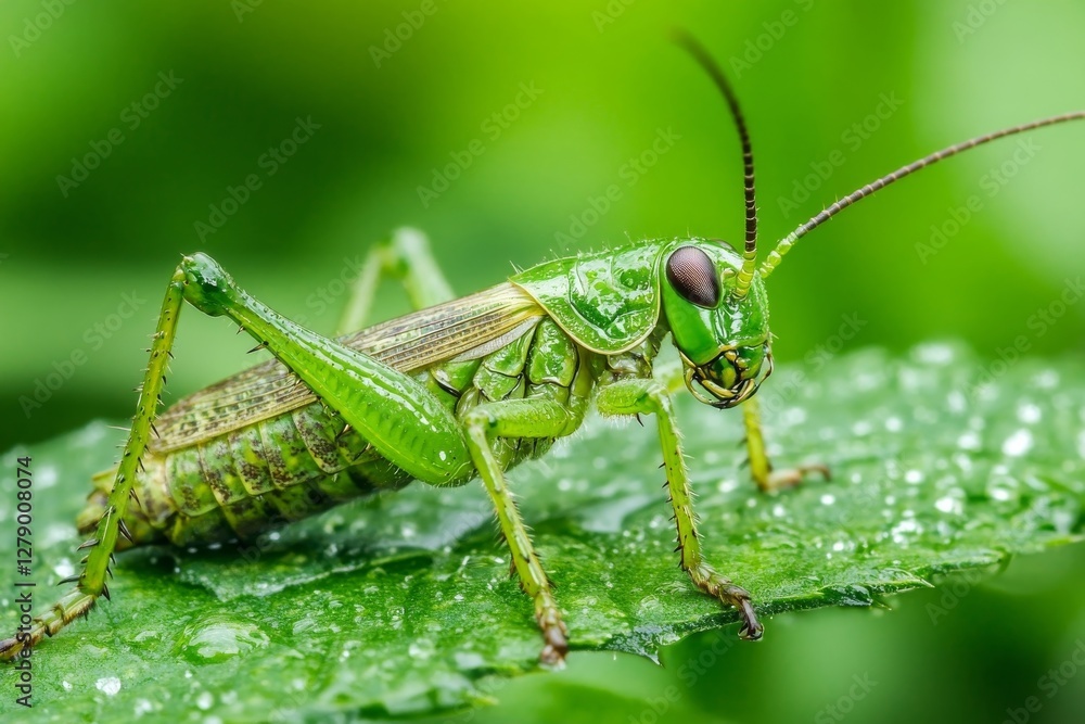 Vibrant Green Grasshopper on Dew-Covered Leaf Vibrant Green Grasshopper on Dew-Covered Leaf