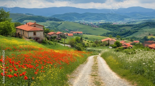 A serene dirt road winds toward a quaint village, bordered by a vibrant field of colorful flowers, inviting exploration and tranquility.