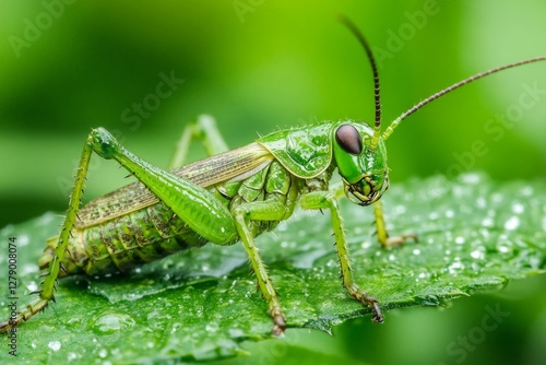 Wallpaper Mural Vibrant Green Grasshopper on Dew-Covered Leaf Torontodigital.ca