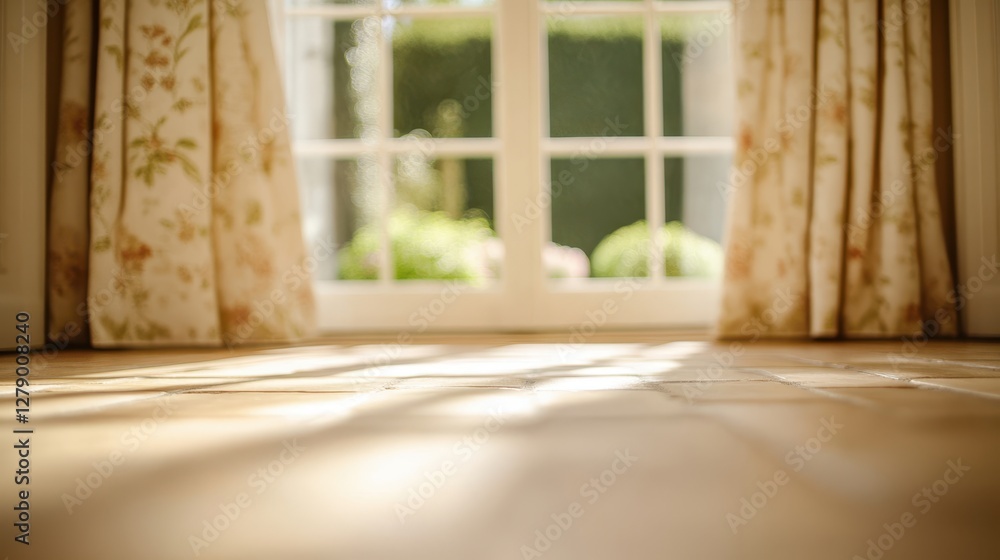 Fototapeta premium A cat rests comfortably on the floor, gazing out of a window, enjoying the view and sunlight streaming into the room.