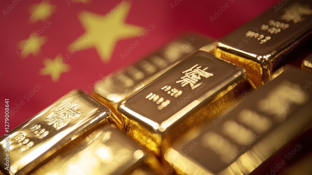 Close-up of shiny gold bars with the Chinese flag in the background, symbolizing wealth Close-up of shiny gold bars with the Chinese flag in the background, symbolizing wealth