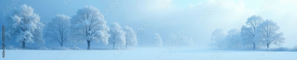 Frosty mist veils snow-clad trees in pale blue hush, snow, hazy, blue Frosty mist veils snow-clad trees in pale blue hush, snow, hazy, blue