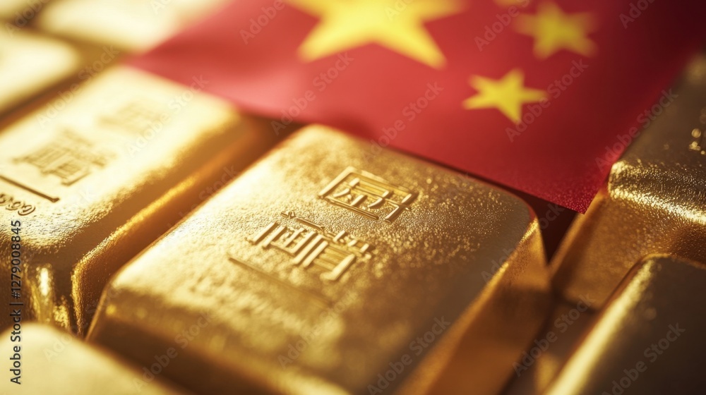 Close-up of shiny gold bars with the Chinese flag in the background, symbolizing wealth Close-up of shiny gold bars with the Chinese flag in the background, symbolizing wealth