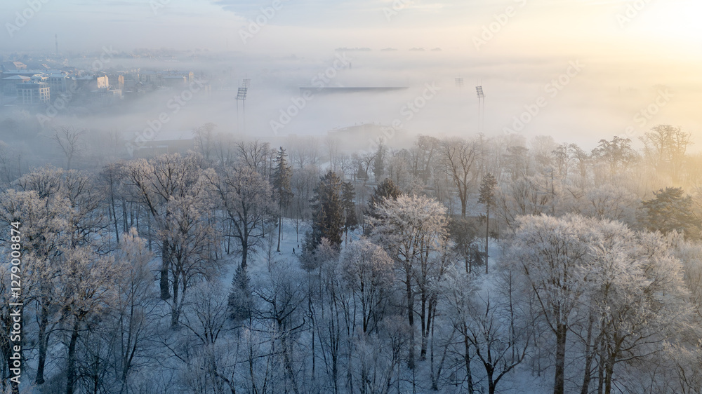 winter city landscape from a drone. fog over the city. aerial view of snowy city streets, snowy roofs of buildings on a frosty morning. delicate quiet frosty sunrise over the city and city park. winter city landscape from a drone. fog over the city. aerial view of snowy city streets, snowy roofs of buildings on a frosty morning. delicate quiet frosty sunrise over the city and city park.