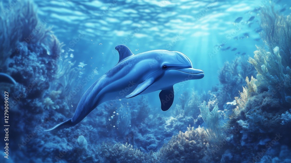 Naklejka premium Dolphin Swimming in a Vibrant Coral Reef