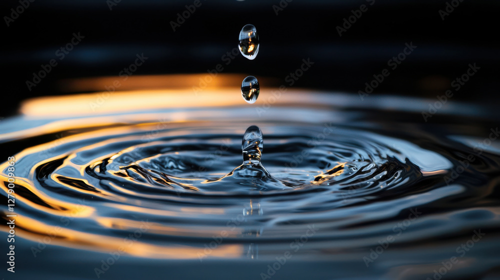 Droplet creating ripples in calm water, serene and tranquil scene Droplet creating ripples in calm water, serene and tranquil scene