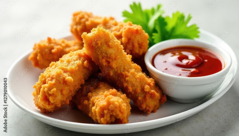 Golden-brown fried chicken strips with dipping sauce, appetizer, dipper, condiment
