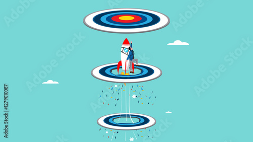 effort to reach target or business success, power or aspiration to success, strength or spirit, creativity or innovation, businessman using rocket flying breakthrough target bullseyes