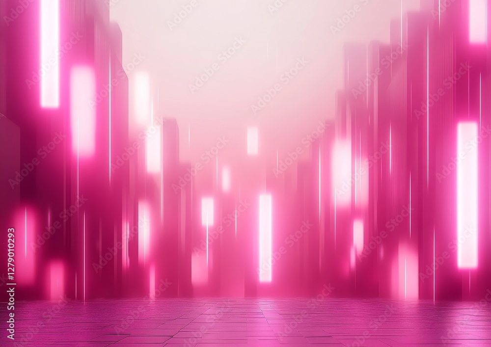 Fototapeta premium A futuristic scene featuring glowing pink vertical lights against a hazy background, creating an immersive and vibrant atmosphere.