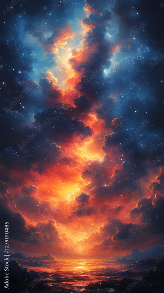 Fototapeta premium Vibrant Cosmic Sky Featuring Starry Nebulae Orange Hues With Deep Blue Galaxy Space Scape