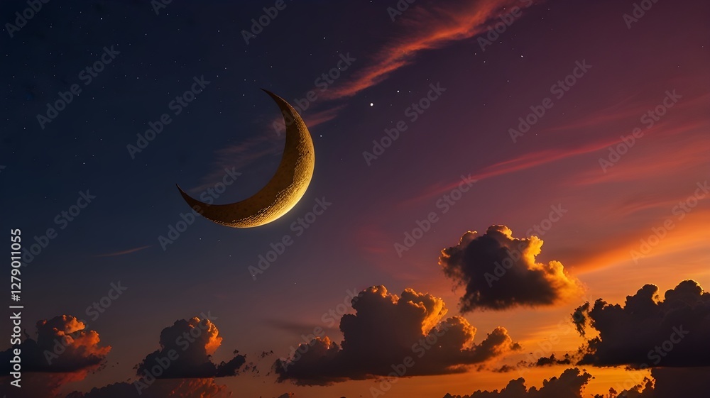 Fototapeta premium A golden crescent moon against a vibrant sunset sky