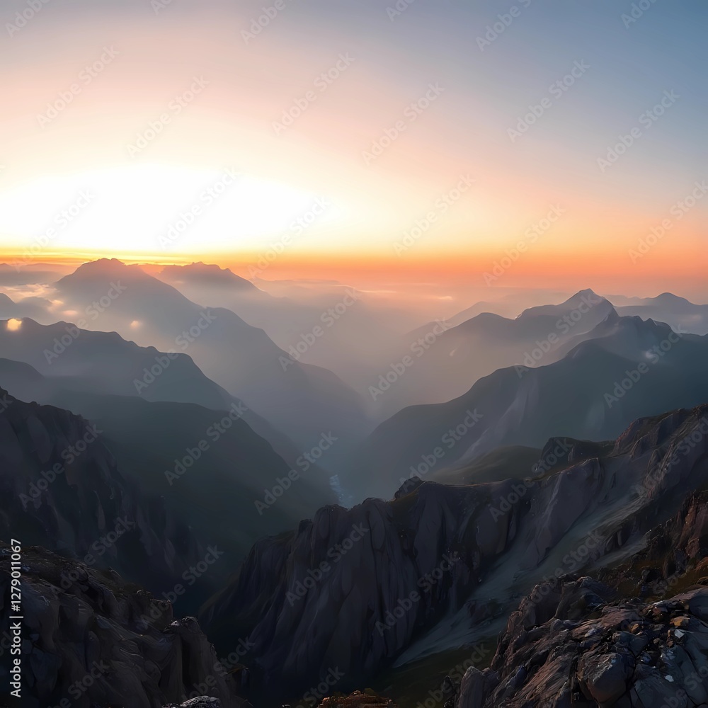 Fototapeta premium The image features a panoramic view of high mountains with their peaks shrouded in a thin mist during sunrise. The golden morning light beautifully illuminates the valley below, creating a stunning bl
