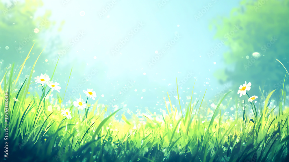 Fototapeta premium nature background with sunny spring meadow blur background blue sky to green grass
